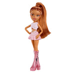 Toy doll with long brown hair, pink top, pink skirt, and high pink boots on a white background