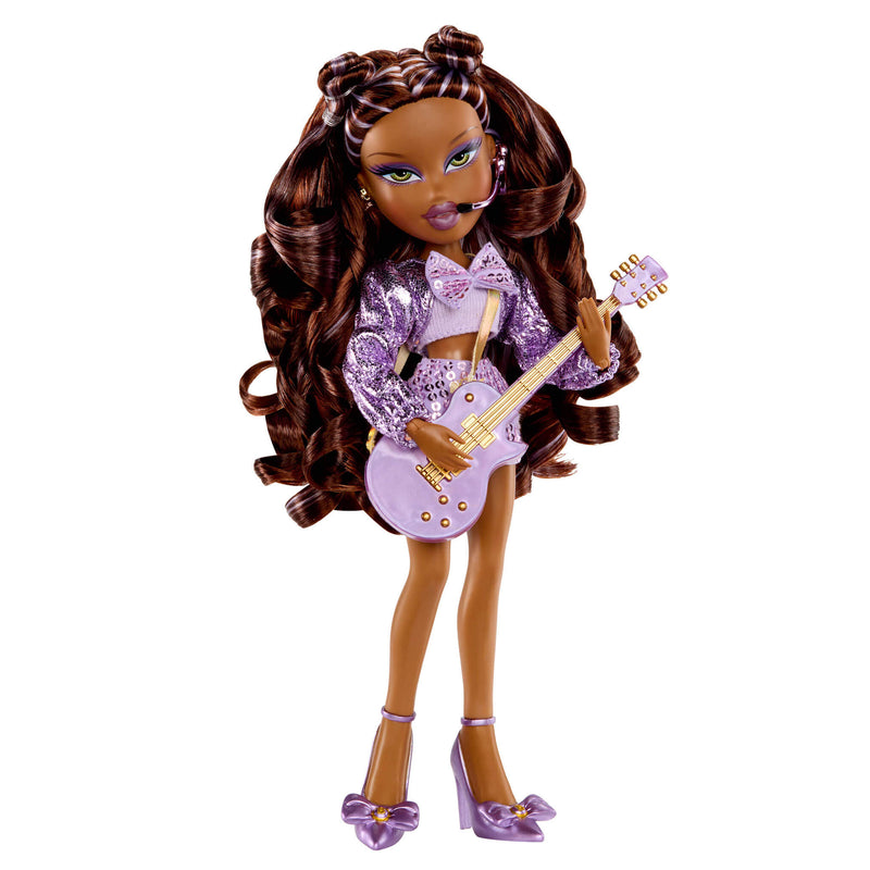 Sasha with long brown hair, purple outfit, and guitar on a white background
