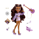 Doll with long brown hair and purple outfit, surrounded by accessories on a white background