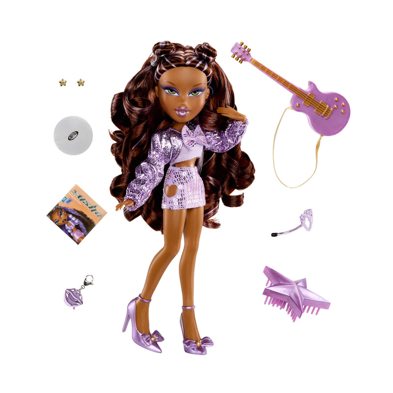 Doll with long brown hair and purple outfit, surrounded by accessories on a white background