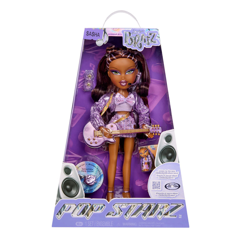 Bratz Pop Starz doll packaging with a doll holding a guitar on a purple background
