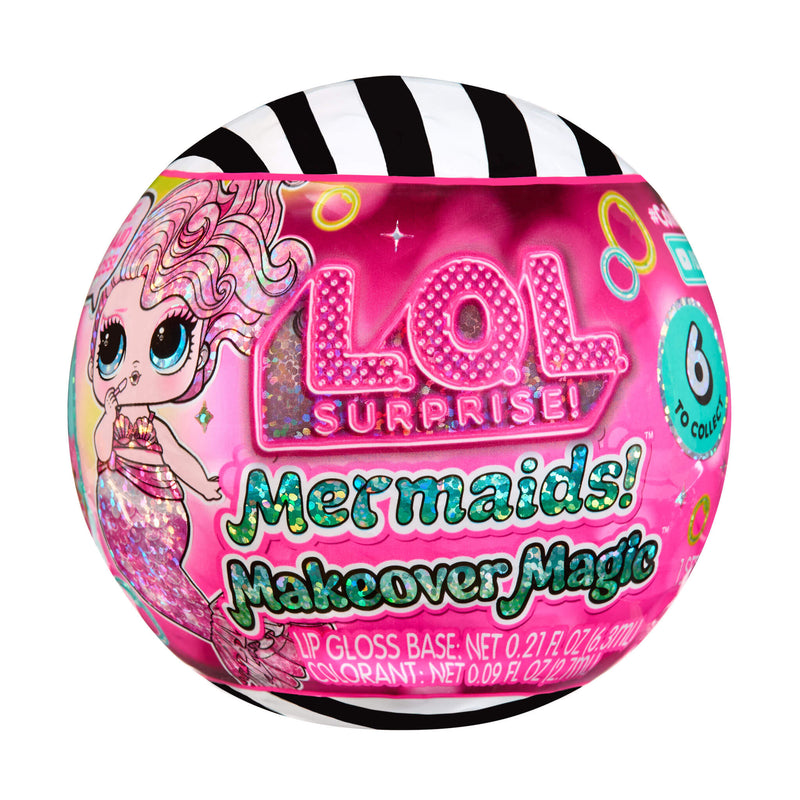 Pink toy packaging with 'LOL Surprise! Mermaids!' text on a white background