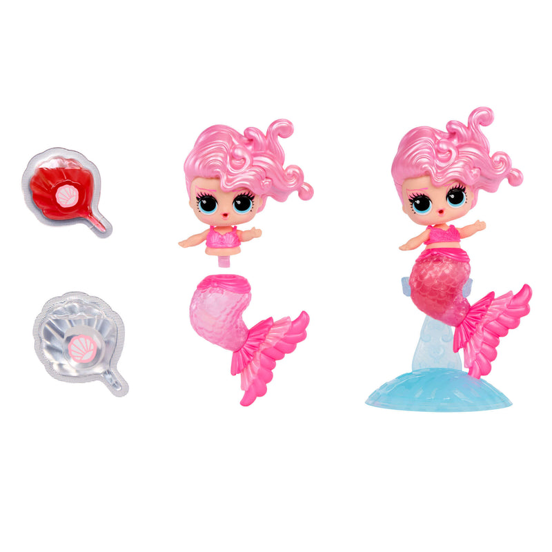 Mermaid-themed tots with pink-haired characters and accessories on a white background