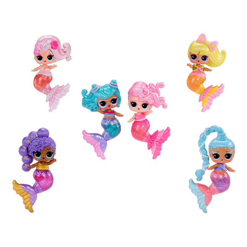Six colorful mermaid dolls with different hairstyles and colors on a white background