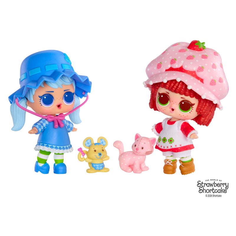 Two toy figures with a blue-haired character and a pink-cupcake character, accompanied by small animals, on a white background.