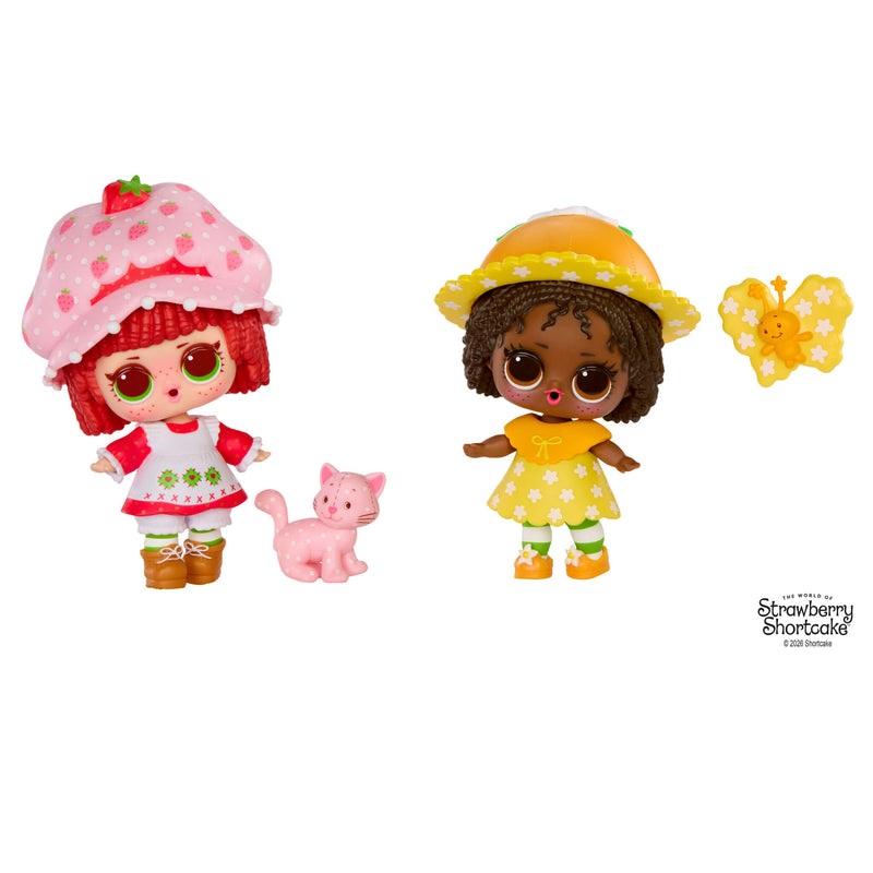 Two dolls with a pink cat and a butterfly on a white background, featuring the Strawberry Shortcake brand.