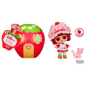 Strawberry Shortcake toy set with  doll,  strawberry house, and pet on a white background