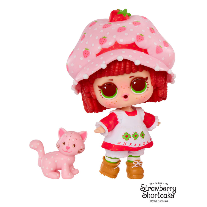 Strawberry Shortcake doll with a cat toy on a white background
