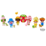 Set of colorful dolls with a small   strawberry house and accessories on a white background, featuring the Strawberry Shortcake brand.