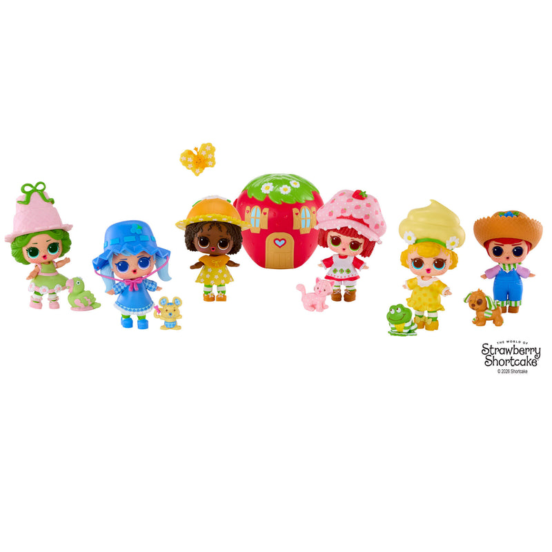 Set of colorful dolls with a small   strawberry house and accessories on a white background, featuring the Strawberry Shortcake brand.