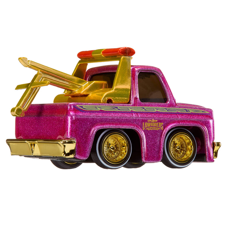 Toy truck with pink body and gold accents on a white background