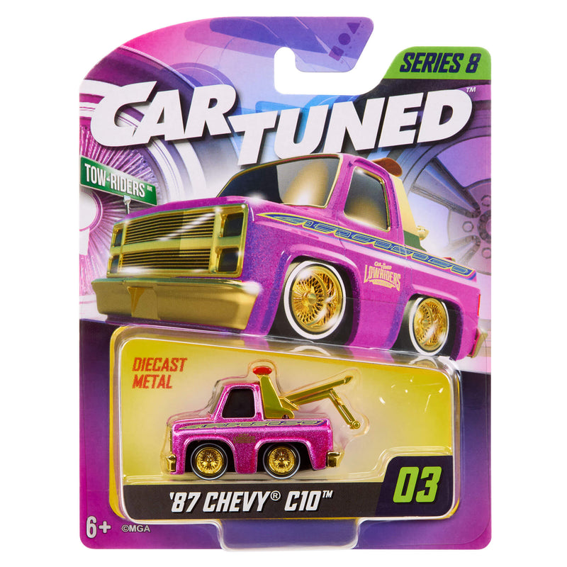 Pink and gold toy truck in packaging with 'Car Tuned' branding