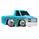 Blue toy truck with flame design on a white background