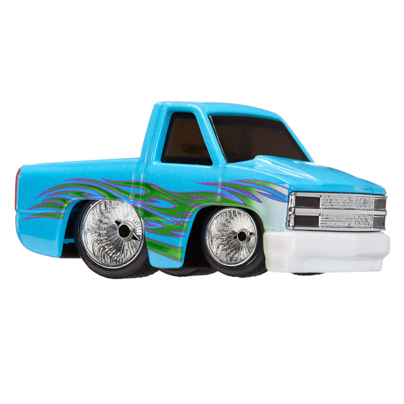 Blue toy truck with flame design on a white background
