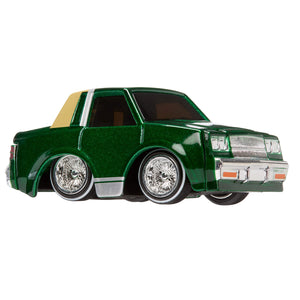 Green toy car with white stripes on a white background