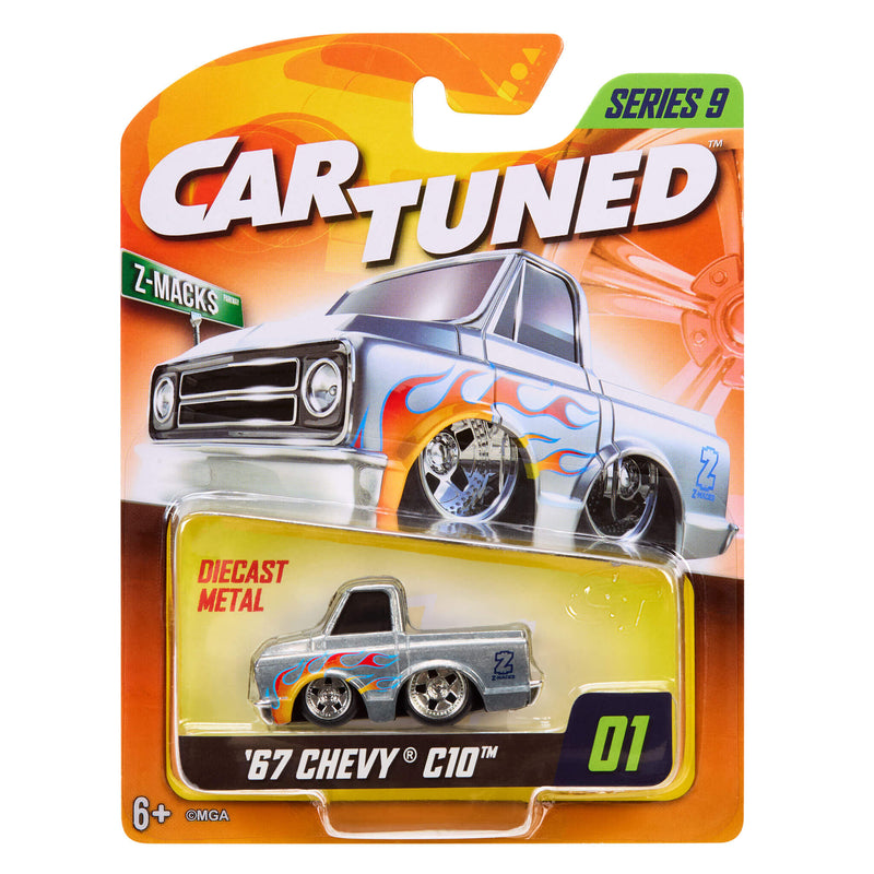Packaged toy car with 'Car Tuned' branding and '67 Chevy C10' model on a white background