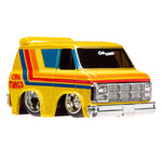 Yellow toy van with red and blue stripes on a white background