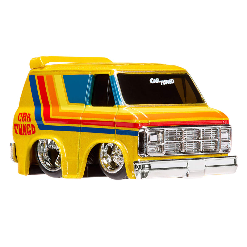 Yellow toy van with red and blue stripes on a white background