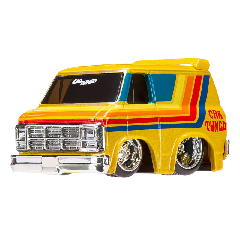 Yellow toy van with red and blue stripes on a white background