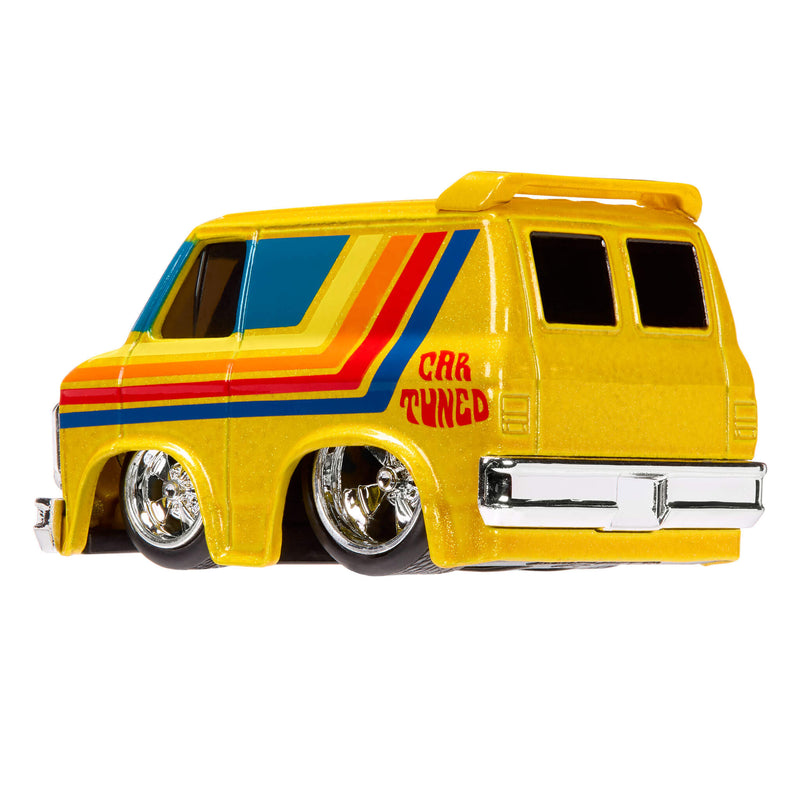 Yellow toy van with red and blue stripes on a white background