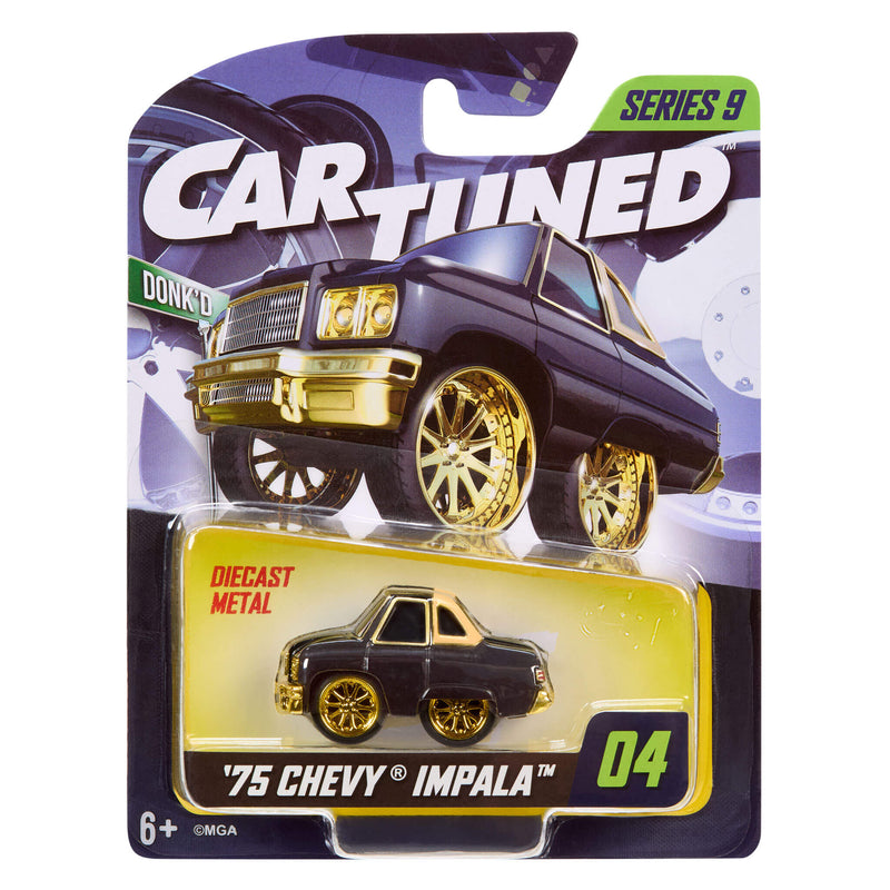 Packaged '75 Chevy Impala toy car with gold wheels on a white background