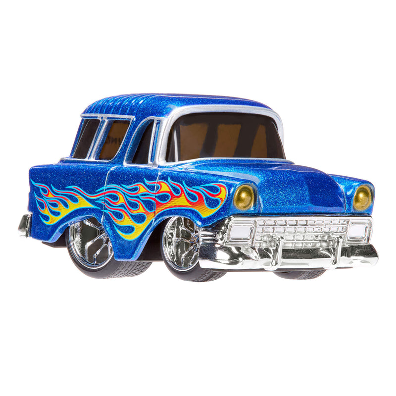 Blue toy car with flame design on a white background