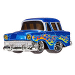 Blue toy car with flame design on a white background
