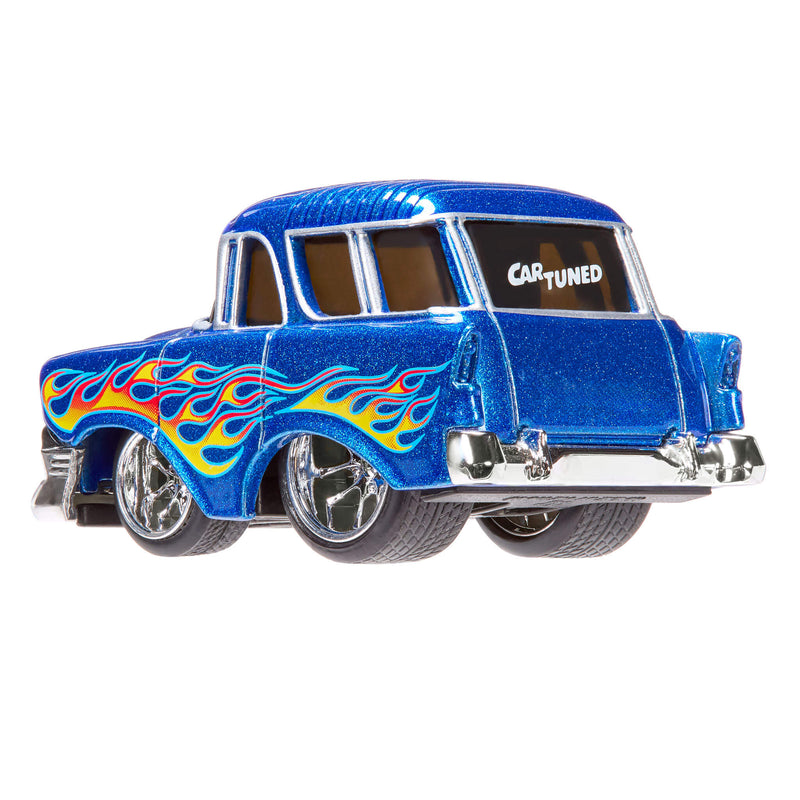 Blue toy car with flame design and 'Car Tuned' text on a white background