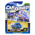 Cartuned '56 Chevy Nomad toy car packaging with blue car and flame design.