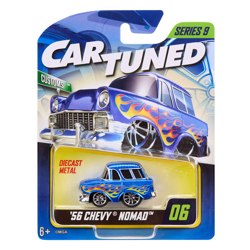 Cartuned '56 Chevy Nomad toy car packaging with blue car and flame design.