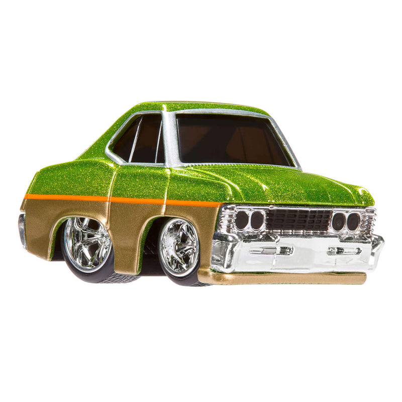 Model car with green and gold body on a white background