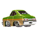 Model car with a green and gold body on a white background