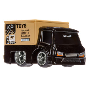 Black toy truck with 'Car Tuned' branding on a beige box on a white background.