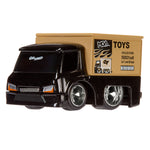 Toy truck with a black cab and beige trailer on a white background