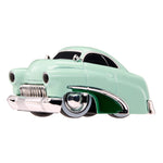 Light green car with dark green on lower door and silver and white wheel rims on white background