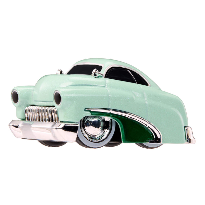 Light green car with dark green on lower door and silver and white wheel rims on white background