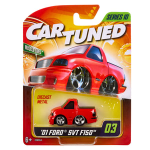 CarTuned Mainline Series Ten - 2001 Ford SVT F150 Lightning in color red, in packaging on white back ground