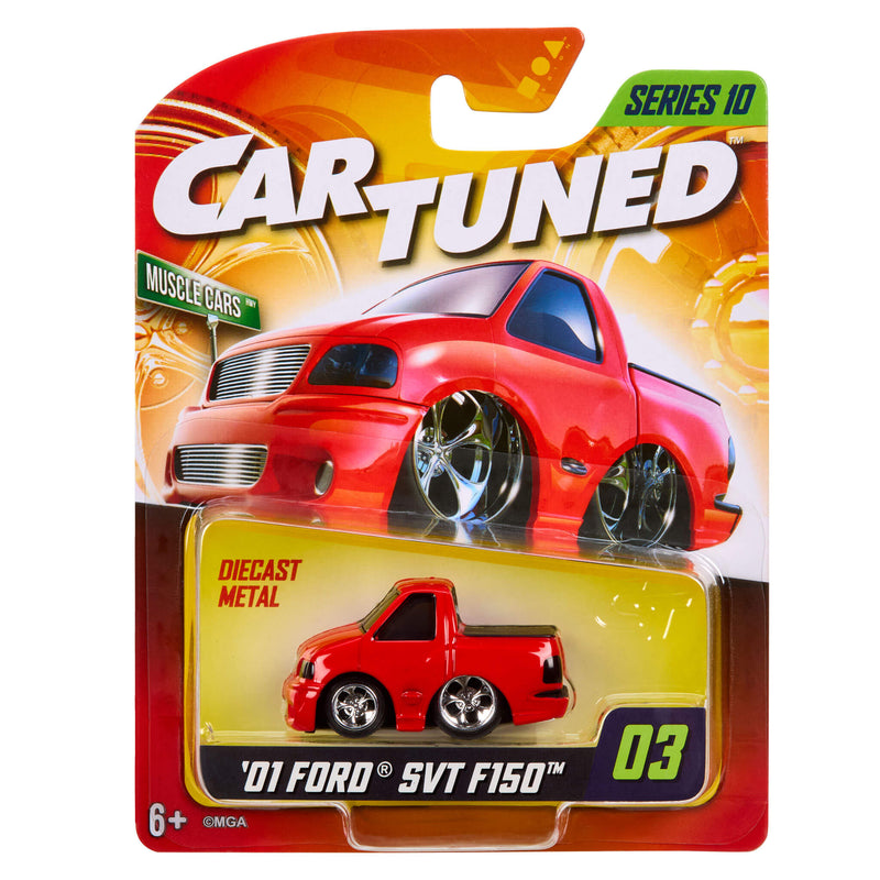 CarTuned Mainline Series Ten - 2001 Ford SVT F150 Lightning in color red, in packaging on white back ground