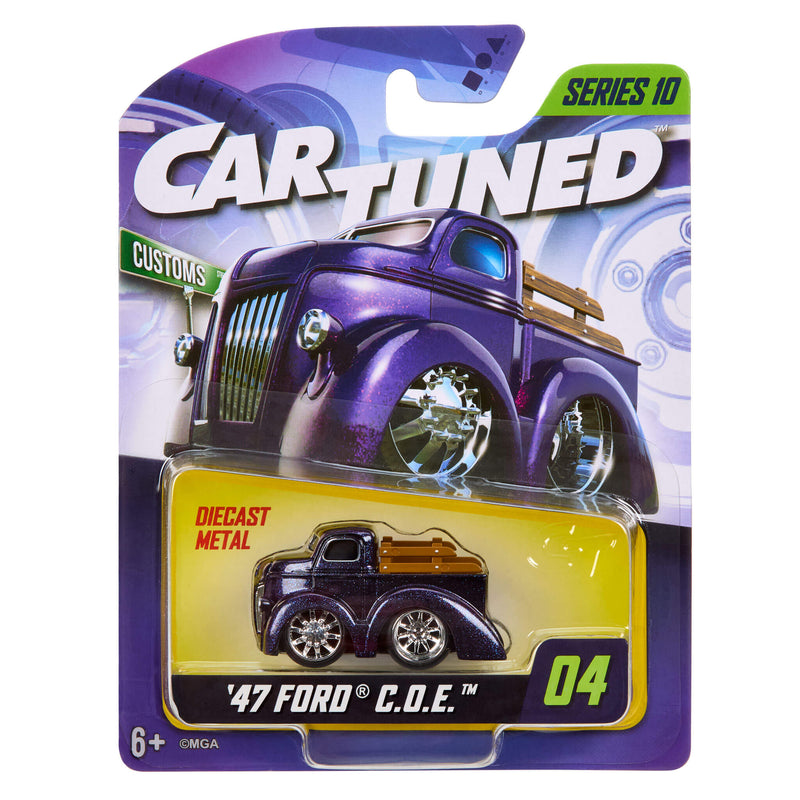 CarTuned Mainline Series Ten - 1947 Ford C.O.E. (Hot Rods) color Purple in packaging on white back ground