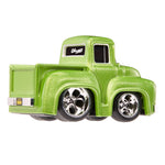 Green truck with silver wheel rims on white background