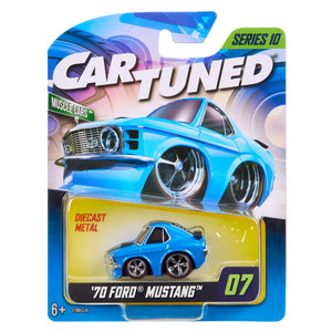 CarTuned Mainline Series Ten - 1970 Ford Mustang in color Blue, in packaging on white back ground