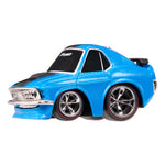Blue car with silver wheel rims on white background