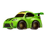 Green toy car with black and yellow accents on a white background