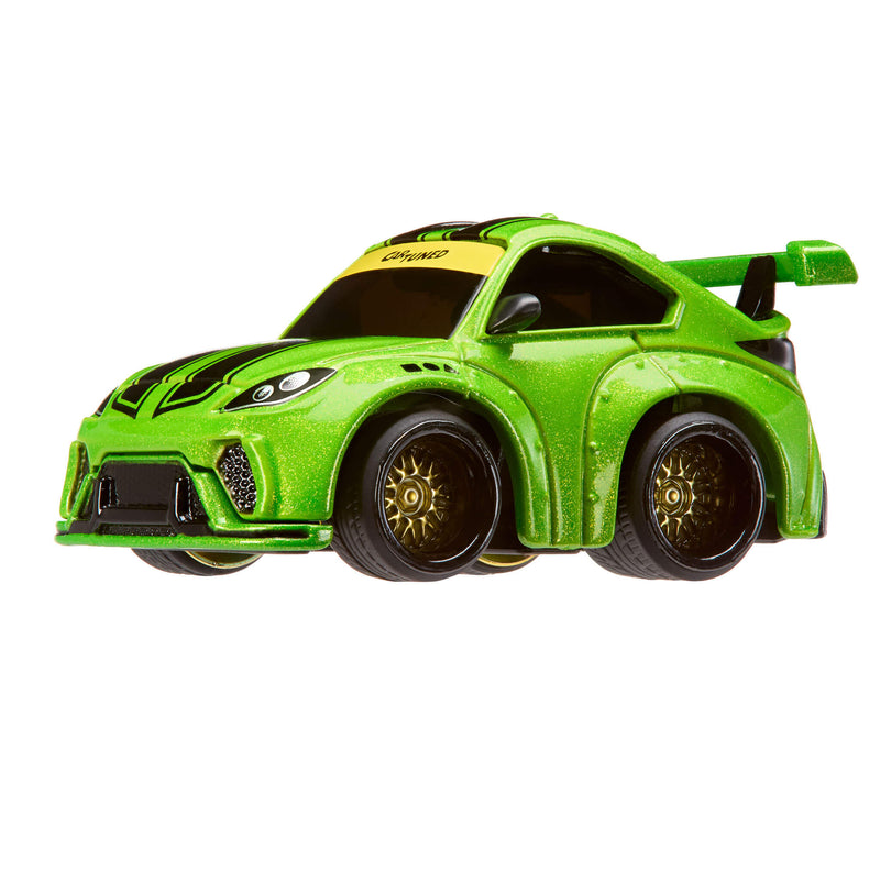 Green toy car with black and yellow accents on a white background