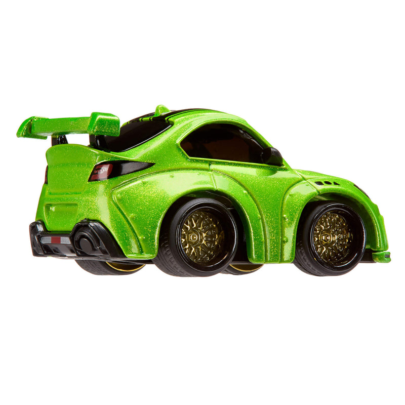 Green toy car with gold rims on a white background