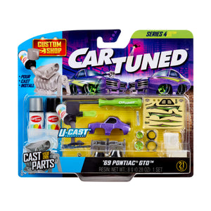 CarTuned toy, model car set packaging with purple car base and accessories on a white background