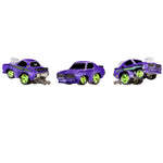 Purple car shown in three different directions on a white background