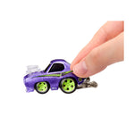 Fingers gripping the backend of the purple car on a white background
