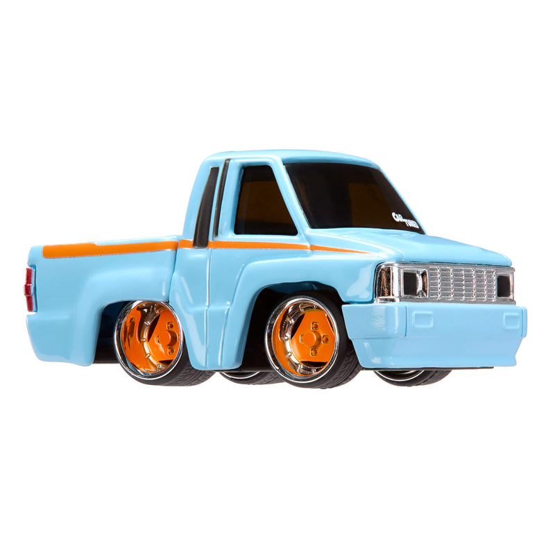 Light blue toy truck with orange accents on a white background