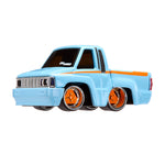 Light blue toy truck with orange accents on a white background